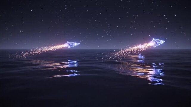 Igniting crystal arrowhead craft traversing calm sea horizon at night, leaving golden sparks