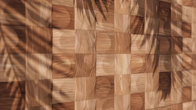 Wood panels pattern empty wall background showroom with copyspace. Vegetation Shadows add shapes and details. Seamless loop