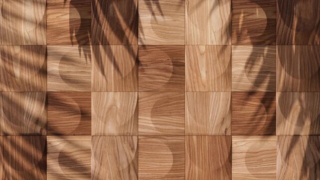 Wood panels pattern, empty wall background showroom with copyspace. Vegetation Shadows add shapes and details. Seamless loop, close up