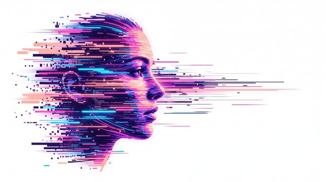 Abstract digital human face dissolving into glowing pixel streams and neon data lines on white background