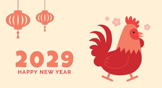 Zodiac Rooster mascot with Chinese lanterns template design. Lunar New Year 2029 horizontal greetings card template.
