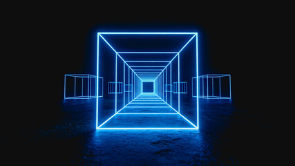 Obraz premium A glowing blue wireframe cube tunnel in dark space, creating a futuristic abstract geometric visual effect.