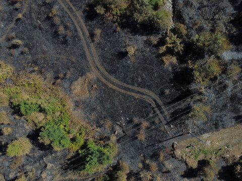Aerial top-down view of burned ground, tyre tracks, and power lines after a wildfire
