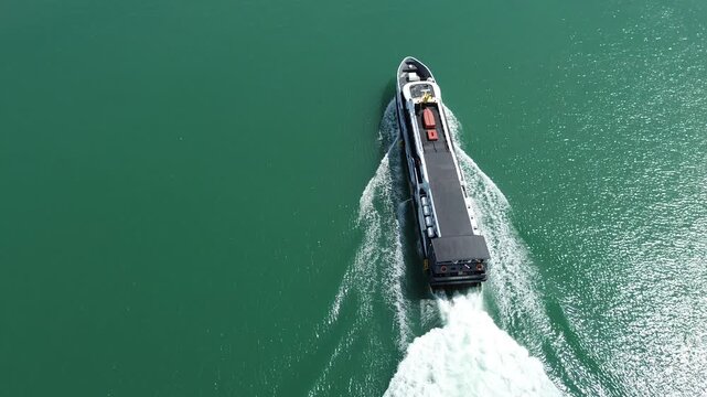 Aerial view of Express Bahari ferry is heading to Balohan Port in Weh Island, Sabang. Departing from Ulee Lheue port in Banda Aceh.