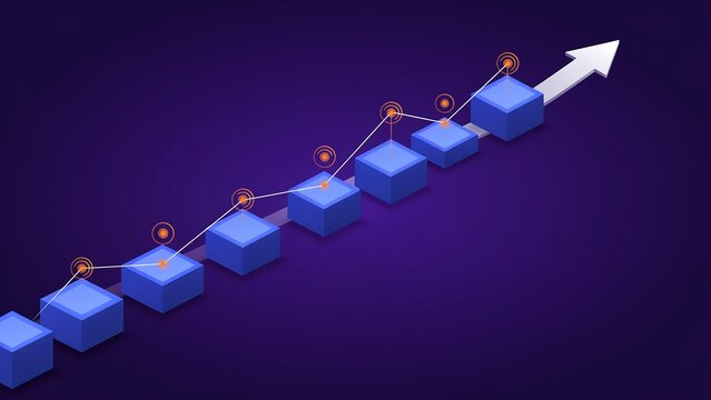 Ascending bar chart with upward arrow on deep purple background representing financial growth and success