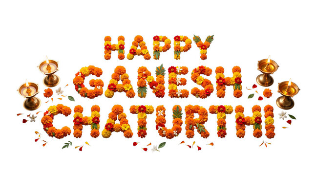 Happy ganesh chaturthi text made of marigold flowers isolated on transparent background