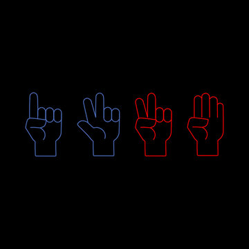 Glowing neon hand signs showing finger counts in vibrant shades of bright blue and red