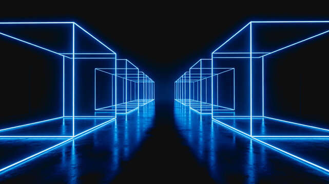 Symmetrical neon wireframe cubes form a futuristic digital corridor with reflective surfaces against a dark background.