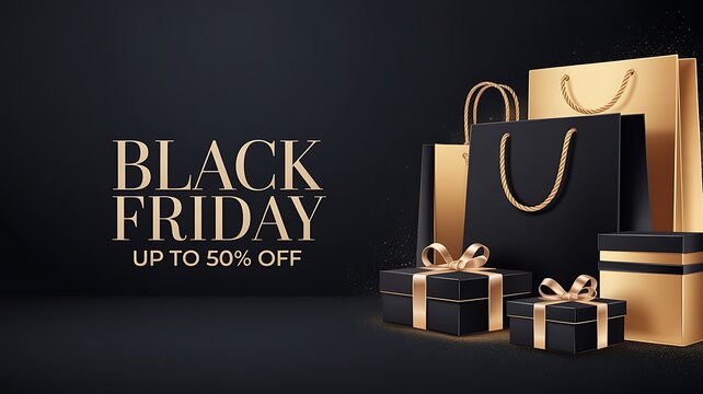 Black friday sale with shopping bags and gift boxes on dark background