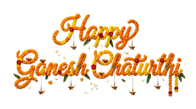 Happy ganesh chaturthi floral text with diyas isolated on transparent background