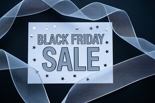 Black friday sale promotional sign with abstract silver swirls and a dark background