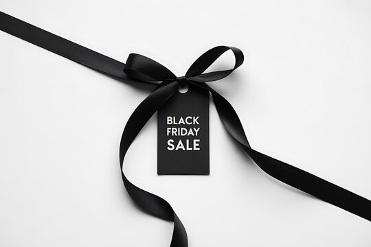 Black ribbon with a black friday sale tag on a white background