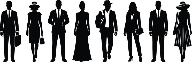 Fototapeta premium Elegant fashion people silhouettes set, stylish men women standing poses, vector illustration collection