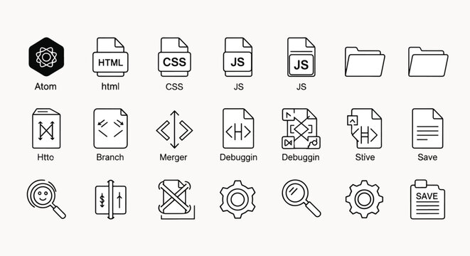 Collection of various software and coding icons, including html, css, js, debugging, and save symbols for web development