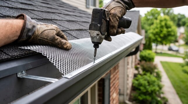 Hands in work gloves installing a metal mesh gutter guard on a roof, illustrating home improvement, rainwater drainage protection and preventative roof maintenance.