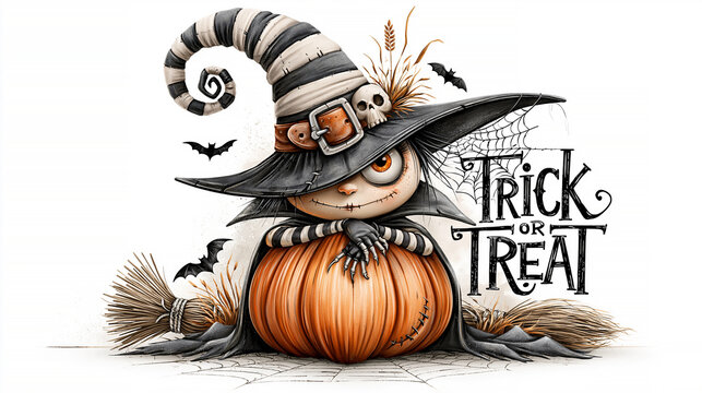 Cute Halloween witch with pumpkin, broomstick, bats and spider web beside Trick or Treat text, whimsical spooky holiday illustration