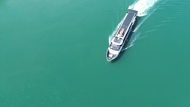 Aerial view of Express Bahari ferry is heading to Balohan Port in Weh Island, Sabang. Departing from Ulee Lheue port in Banda Aceh.