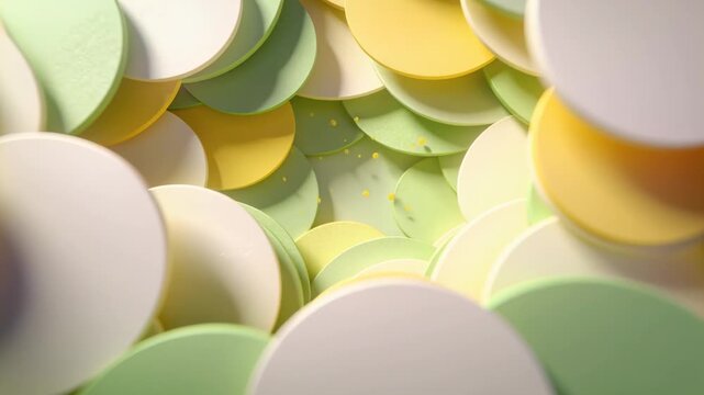 Moving camera advancing, revealing core, pastel discs sliding in CG tunnel, yellow petals drifting