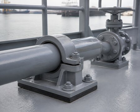 Ship Ballast Water Treatment Operations Discharge Pipe Support On Moored Cargo Vessel
