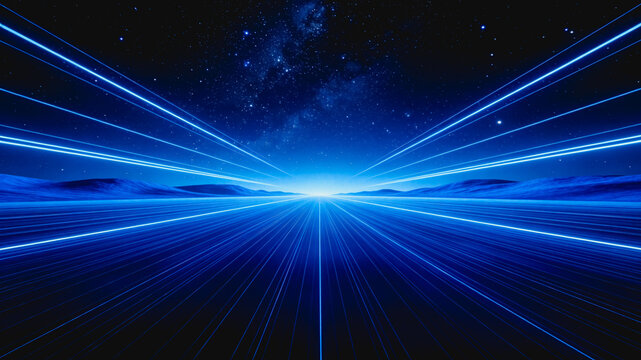 A futuristic digital scene with glowing blue light rays converging toward a bright horizon, set against a starry night sky with distant low hills.