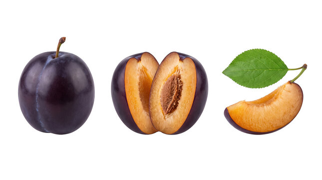 Fresh Purple Plums Whole Halved and Wedge Set