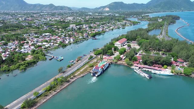 Aerial view of Ferry boat at Port of Ulee Lheue in Banda Aceh.  Departing to Balohan Port in Weh Island, Sabang. Acehhebat 2 or KMP Aceh Hebat 2, a passenger boat.