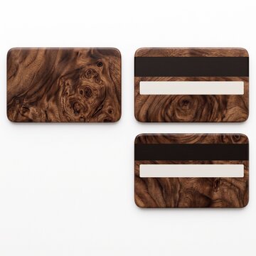 Rustic walnut wood credit cards on white background. Luxury wooden debit card mockup set. Natural timber bank card design.
