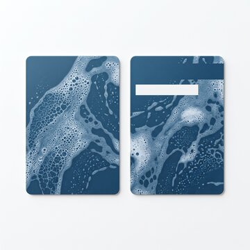Cyanotype blue credit card design, ocean foam debit card mockup, nautical aesthetic banking cards with white sea bubbles