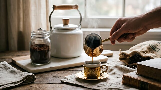 Pouring hot coffee from a traditional copper cezve