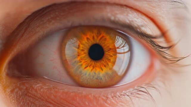 Extreme macro footage of a single beautiful human eye with a bright tangerine-orange iris for National Hispanic Heritage Month and World Sight Day