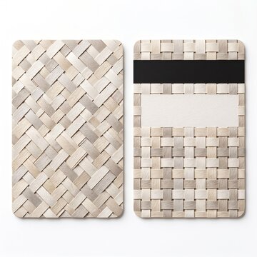 Woven texture credit card mockup, luxury bamboo pattern debit card front and back, organic material payment card design