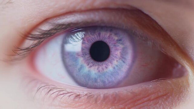 Extreme macro footage of a single beautiful human eye with a soft lilac iris for National Hispanic Heritage Month and World Sight Day