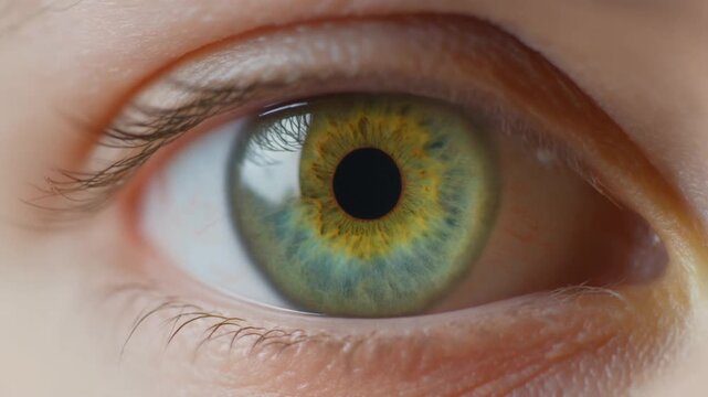 Extreme macro footage of a single beautiful human eye with a luminous yellow-green iris for National Hispanic Heritage Month and World Sight Day