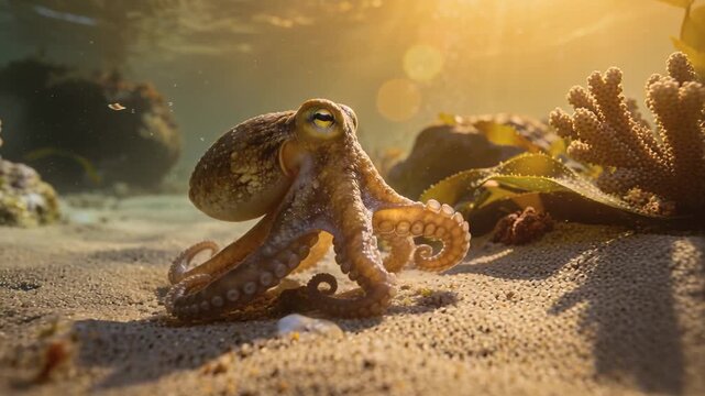Shifting small octopus extending arms on sandy seabed, testing substrate as sunlight intensifies