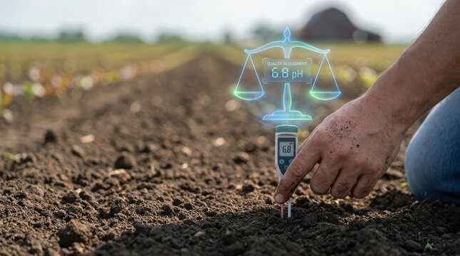 Person testing soil ph level with digital meter in agricultural field