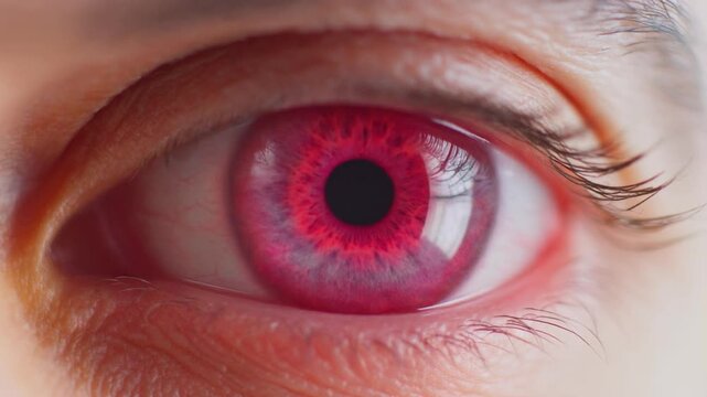 Extreme macro footage of a single beautiful human eye with a vivid raspberry-colored iris for National Hispanic Heritage Month and World Sight Day