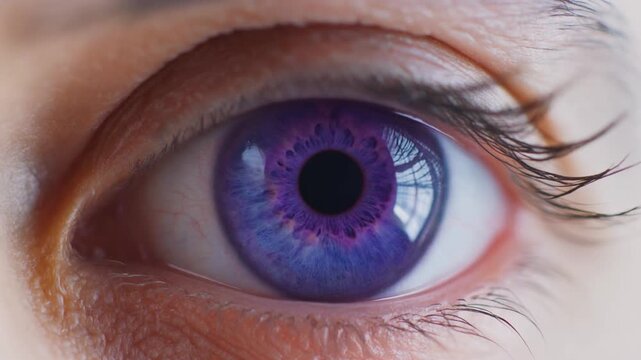 Extreme macro footage of a single beautiful human eye with a rich sapphire-violet iris for National Hispanic Heritage Month and World Sight Day