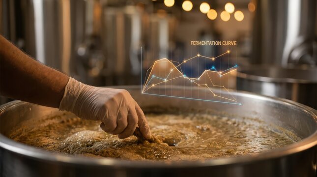 Scientist monitoring fermentation process with digital curve visualization in laboratory setting