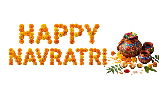 Happy navratri text made of marigold flowers isolated on transparent background