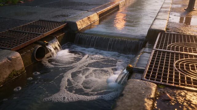 Flowing curbside drainage channel pouring from metal pipe and brass spout, forming foam from runoff