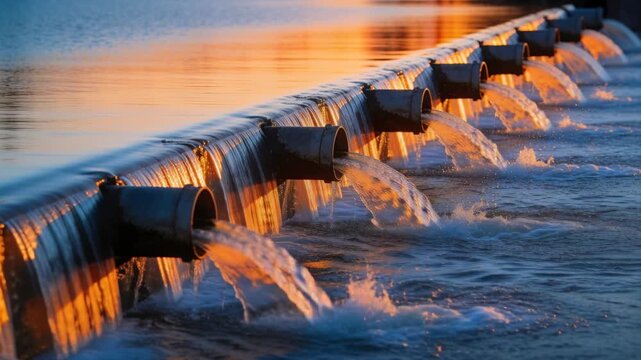Pouring metal outlet pipes releasing water into spillway basin, creating ripples from overflow