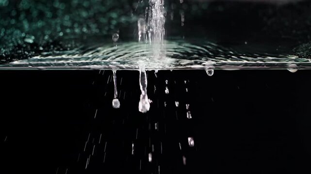 Water Stream Strikes Transparent Glass Surface and Forms Ripples, Splashes and Falling Droplets against Black Background in Slow Motion