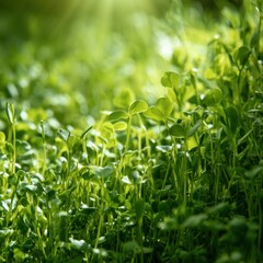 Fototapeta premium Green pea shoots and microgreens grow in a garden setting, with bright sunlight highlighting their delicate texture in spring.