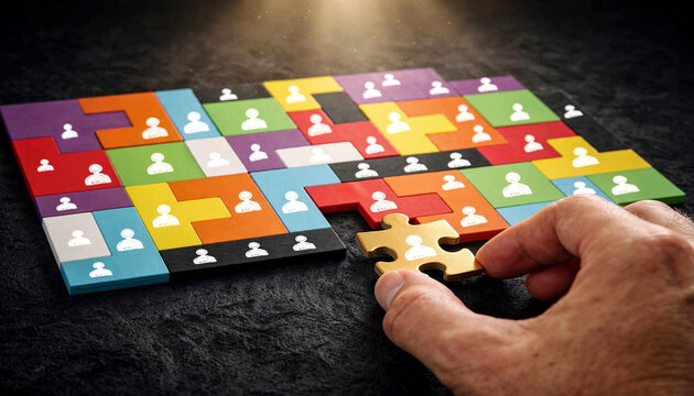 Businessman Hand Completing Colorful Puzzle with People Icons: Human Resources Management Concept, Corporate Recruitment Solution, Strategic Workforce Planning on Black Background
