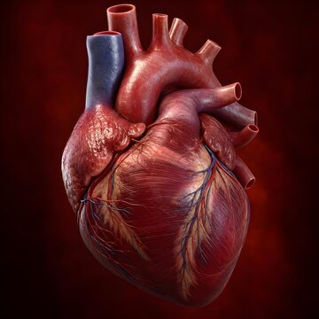 High end hyper realistic 3D medical anatomy illustration of a detailed human heart with superior vena cava
