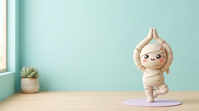 Generative AI fitness background featuring a cute smiling mummy character practicing yoga with a large pastel teal copy space.