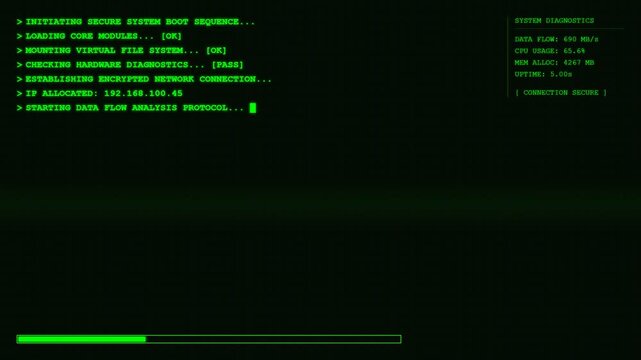 Secure System Boot Sequence Terminal Diagnostics Animation.