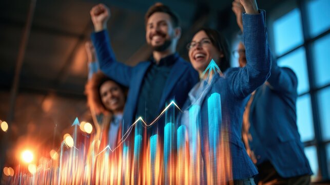 A diverse team celebrating successful collective investment growth with charts and data visualization in a modern business environment, symbolizing teamwork and financial success.