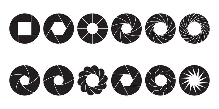 Collection of camera aperture diaphragms in circular iris designs, including square and star shapes, suitable for photography adjustments and graphic elements.