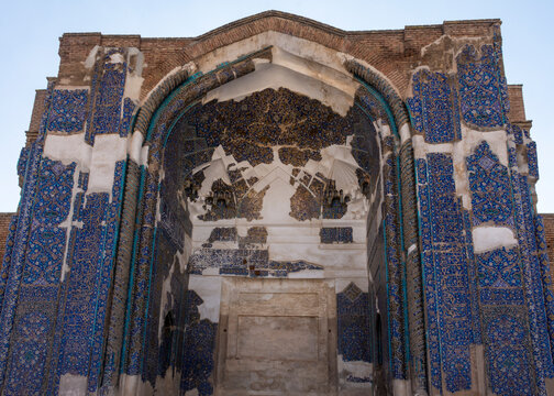 Ornate blue tiled entrance of Kabood Mosque in Tabriz, Iran